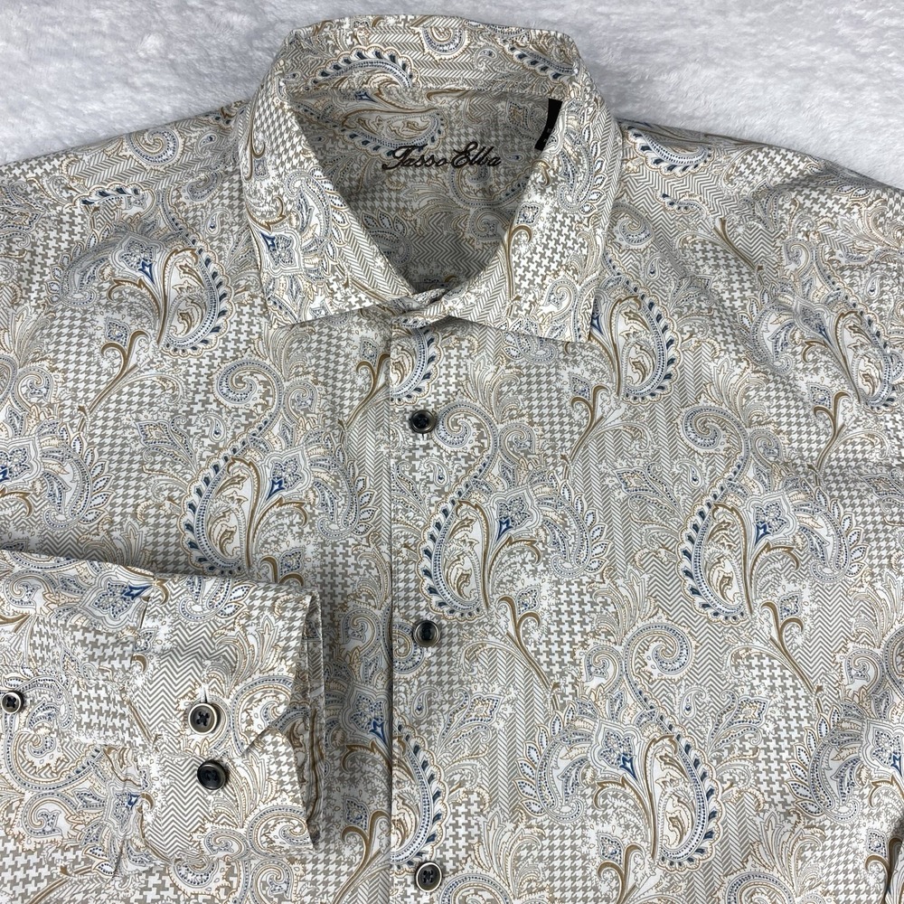 Tasso Elba Shirt Mens XL Tan Paisley Print 100% Cotton Long Sleeves
